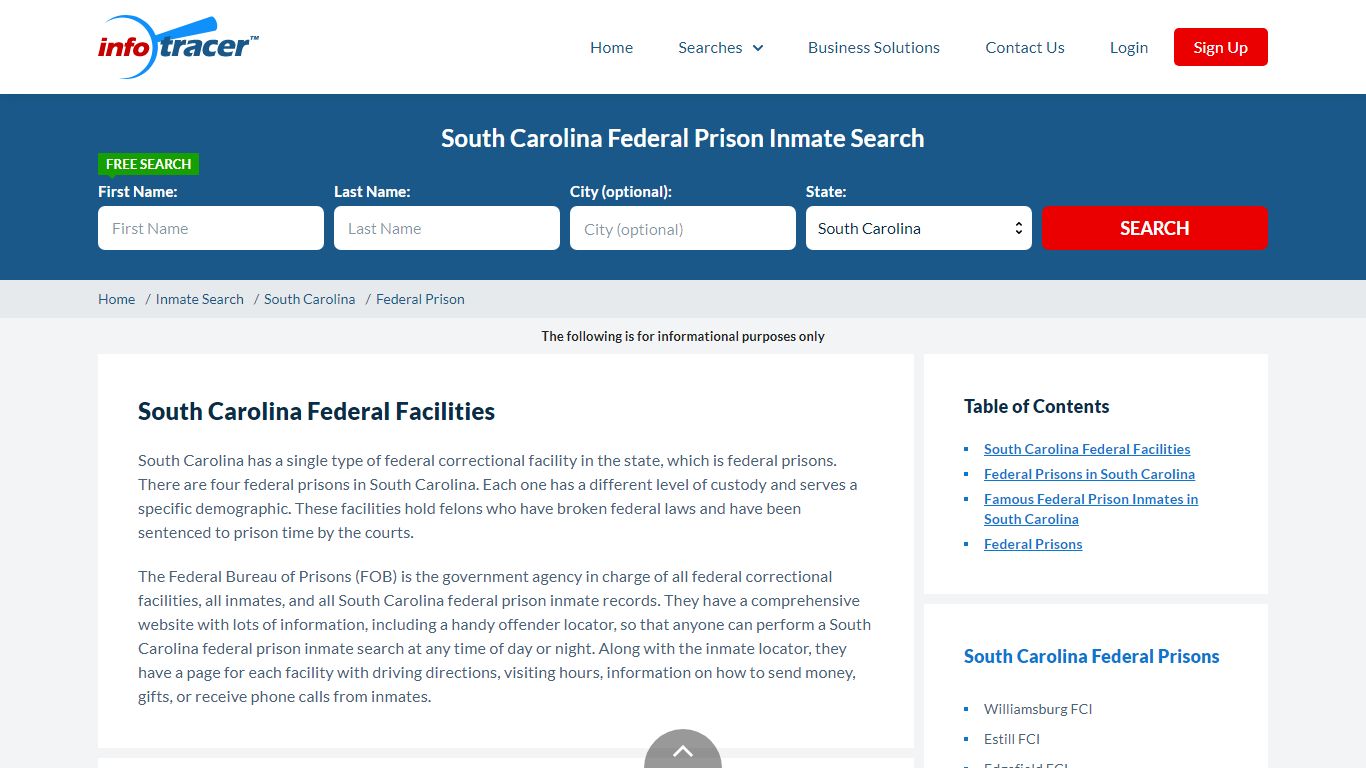 South Carolina Federal Prison Inmate Search - Infotracer.com