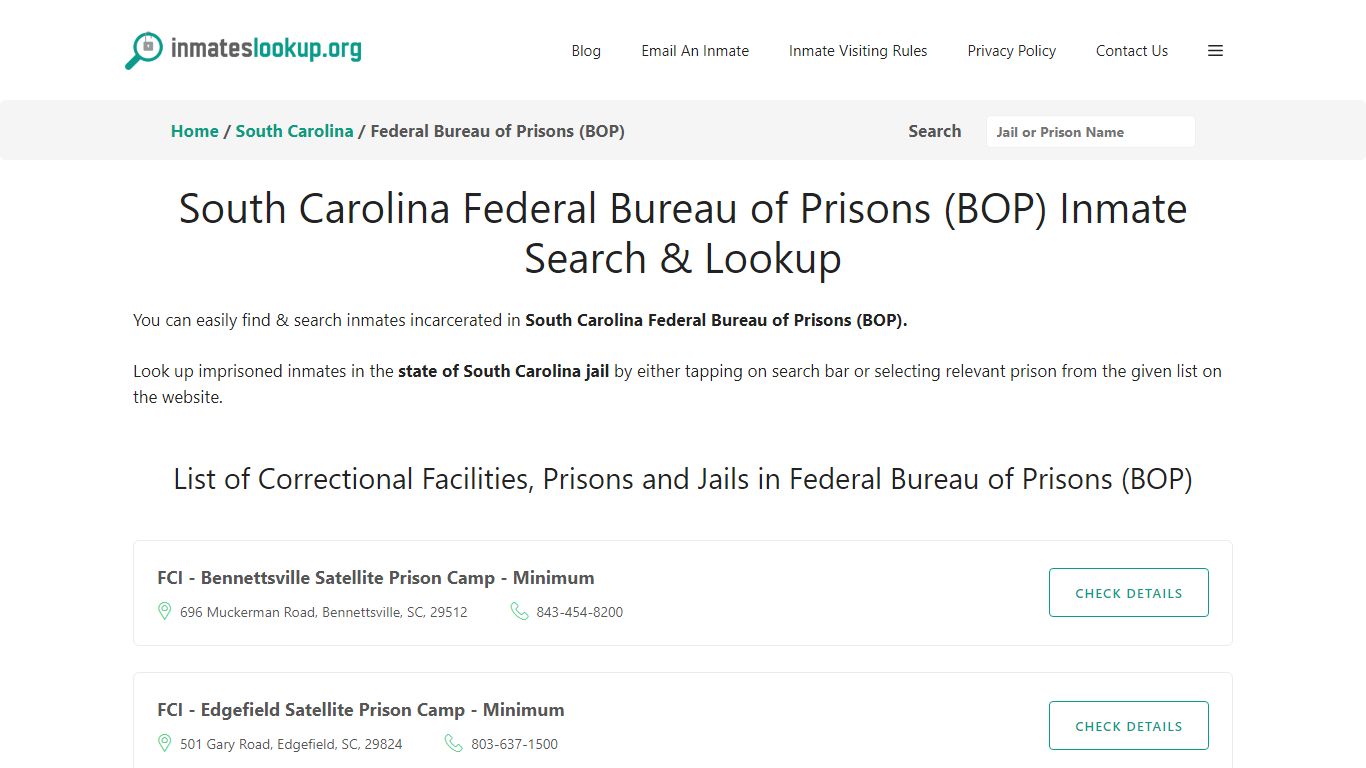 South Carolina Federal Bureau of Prisons (BOP) Inmate Search & Lookup